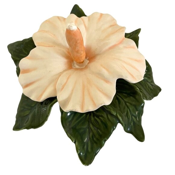 Handmade Hawaiian Ceramic Flower Tropical Hibiscus Peach Green Leaf Floral GIFT - Picture 4 of 10